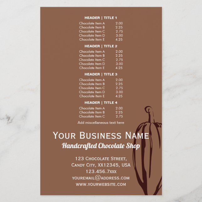 Modern Cocoa Pod Chocolatier Chocolate Shop Menu (Front)