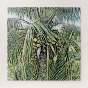 Modern Coconuts Palm Tree Tropical Greenery Jigsaw Puzzle
