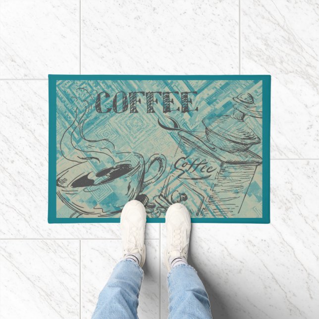 Modern Coffee Art Teal Doormat (Indoor)