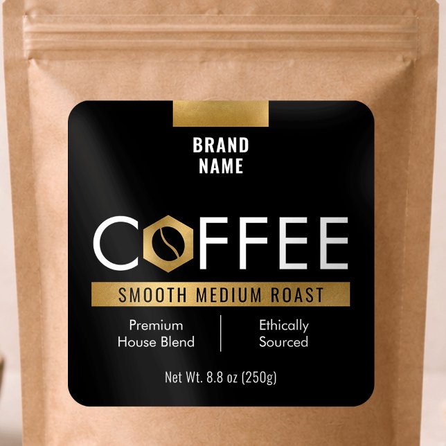 Modern Coffee Beans Pouch Jar Black & Gold Square Sticker (Creator Uploaded)