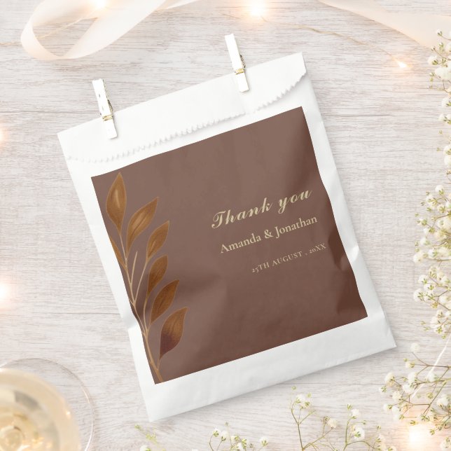 Modern Coffee Brown and Gold Leaf Wedding Favour Bag (Clipped)