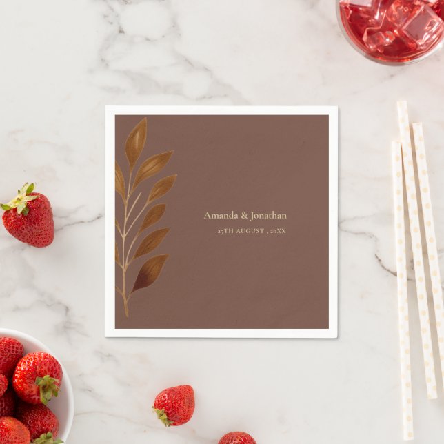 Modern Coffee Brown and Gold Leaf Wedding  Napkin (Insitu)