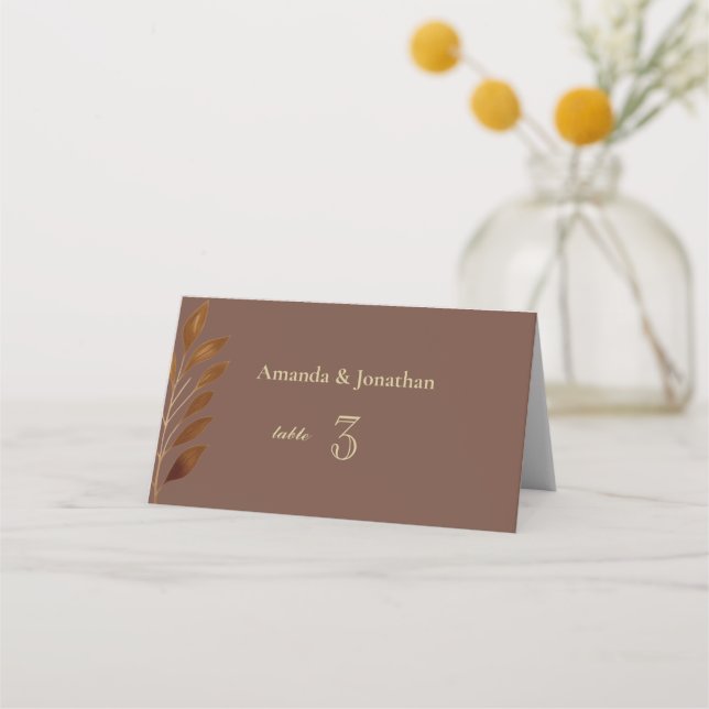 Modern Coffee Brown and Gold Leaf Wedding  Place Card (Front)