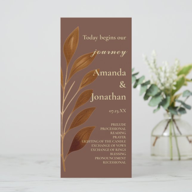 Modern Coffee Brown and Gold Leaf Wedding Program (Standing Front)