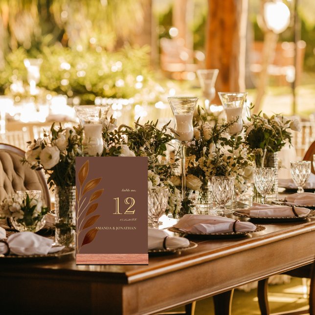 Modern Coffee Brown and Gold Leaf Wedding Table Nu Table Number (Creator Uploaded)