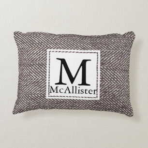 Modern Coffee Brown Herringbone   Monogram Accent Pillow