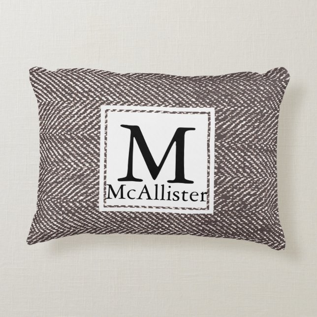 Modern Coffee Brown Herringbone | Monogram Accent Pillow (Back)
