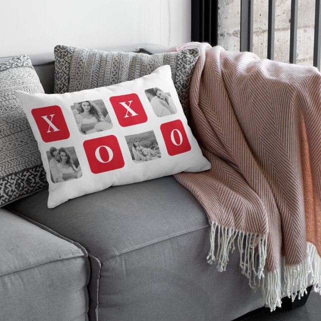 Modern Collage Couple Photo & Red XOXO Lumbar Pillow (Creator Uploaded)