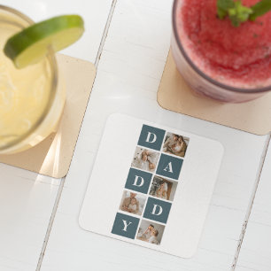 Modern Collage Fathers Photo & Green Daddy Gifts Square Paper Coaster
