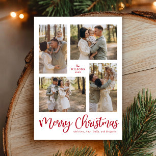 Modern Collage Merry Christmas Photo Red Holiday Card
