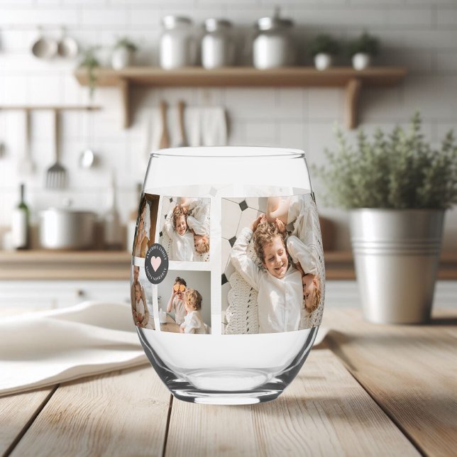 Modern Collage Personalized Family Photo Gift Stemless Wine Glass (Creator Uploaded)