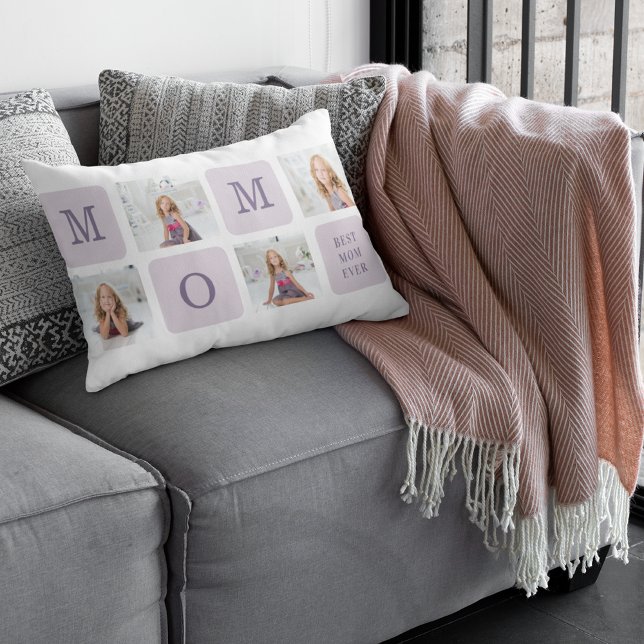 Modern Collage Photo Best Mom Ever Purple Gift Lumbar Pillow (Creator Uploaded)