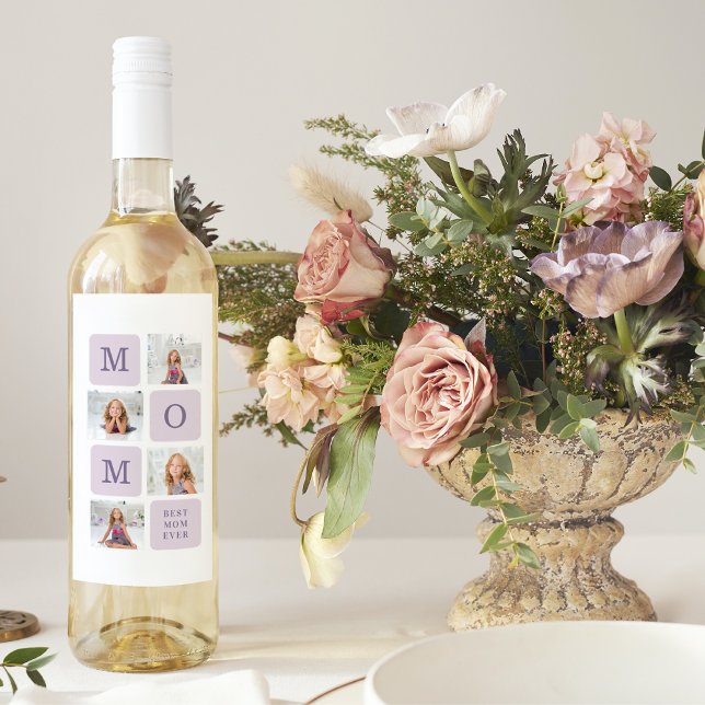Modern Collage Photo Best Mom Ever Purple Gift Wine Label (Creator Uploaded)