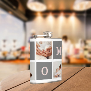 Modern Collage Photo Best Mom  Pink & Grey Gift Hip Flask