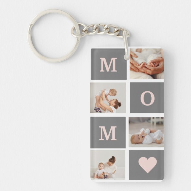 Modern Collage Photo Best Mom  Pink & Grey Gift Keychain (Front)