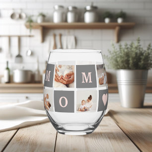 Modern Collage Photo Best Mom  Pink & Grey Gift Stemless Wine Glass