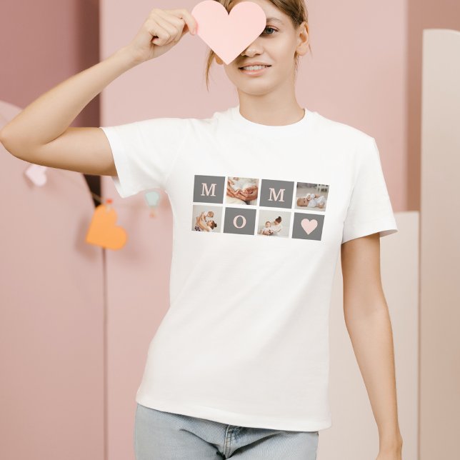 Modern Collage Photo Best Mom  Pink & Grey Gift T-Shirt (Creator Uploaded)