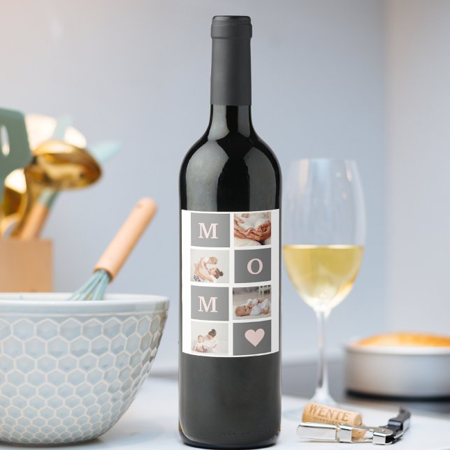 Modern Collage Photo Best Mom  Pink & Grey Gift Wine Label (Creator Uploaded)