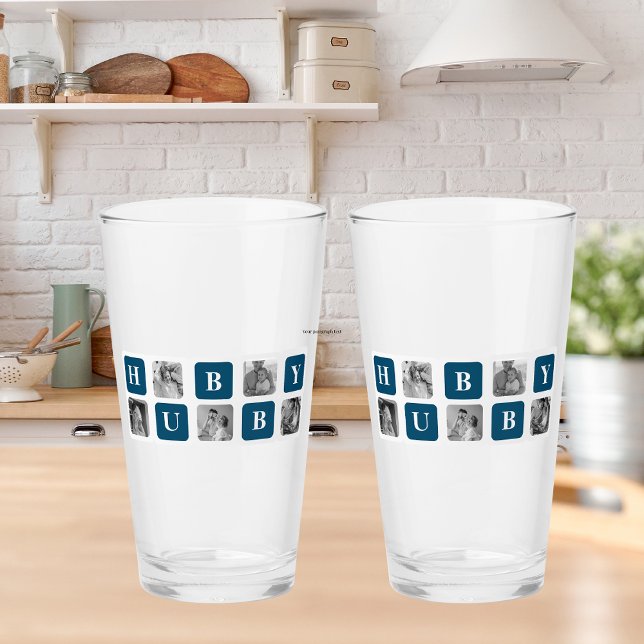 Modern Collage Photo Blue Best Hubby Ever Gift Glass (Creator Uploaded)