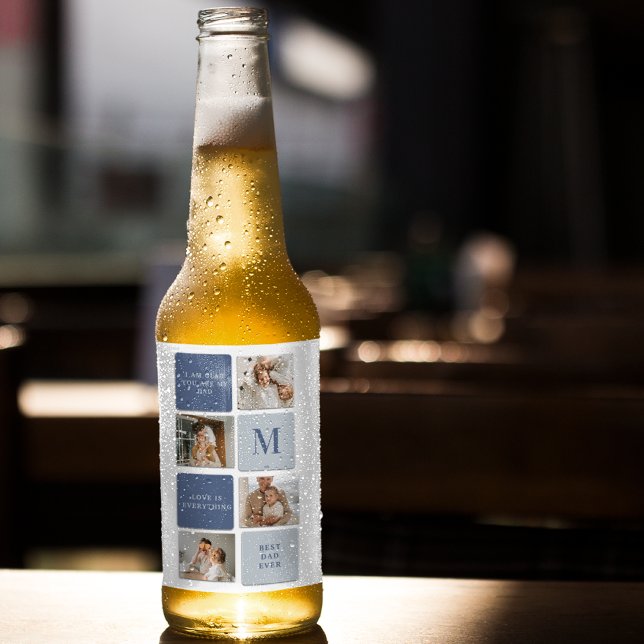 Modern Collage Photo & Blue Happy Fathers Day Gift Beer Bottle Label (Creator Uploaded)