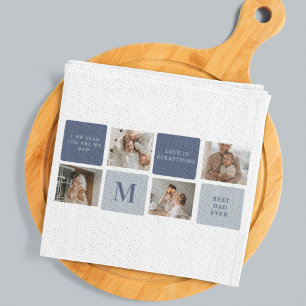 Modern Collage Photo & Blue Happy Fathers Day Gift Kitchen Towel