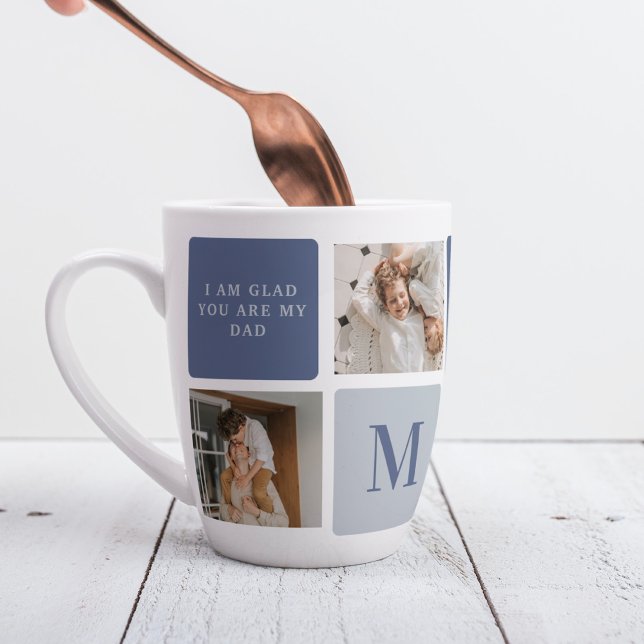 Modern Collage Photo & Blue Happy Fathers Day Gift Latte Mug (Creator Uploaded)
