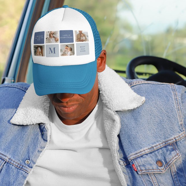 Modern Collage Photo & Blue Happy Fathers Day Gift Trucker Hat (Creator Uploaded)