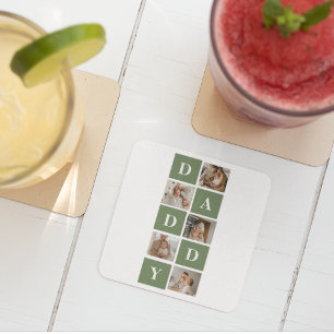 Modern Collage Photo & Happy Fathers Day Gift Square Paper Coaster