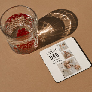 Modern Collage Photo Happy  Fathers Day Gift Square Paper Coaster