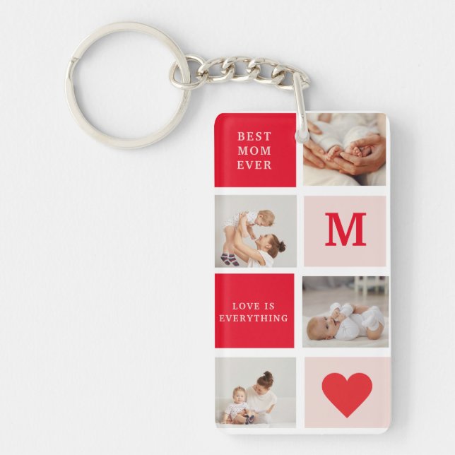 Modern Collage Photo Red & Pink Best Mom Ever Gift Keychain (Front)