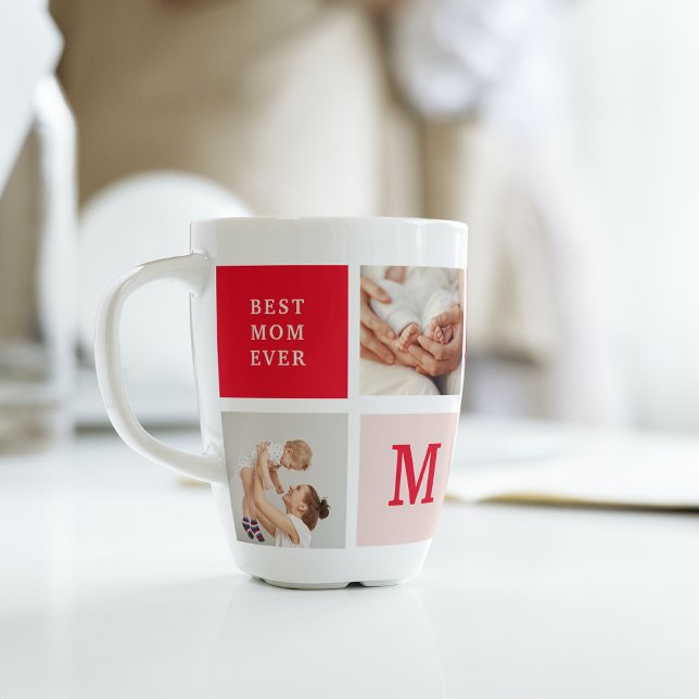 Modern Collage Photo Red & Pink Best Mom Ever Gift Latte Mug (Creator Uploaded)