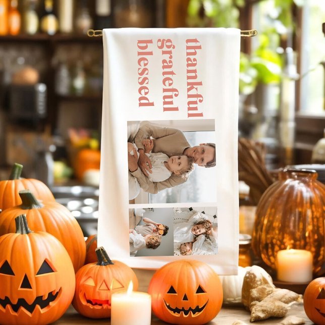 Modern Collage Three Photo | Happy Thanksgiving Kitchen Towel (Creator Uploaded)