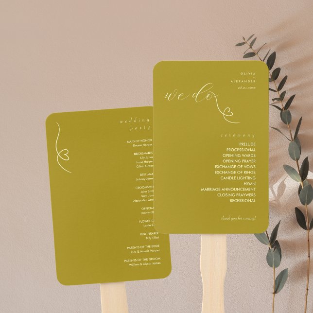 Modern Colorblock Wedding Program | Dark Yellow Hand Fan (Creator Uploaded)