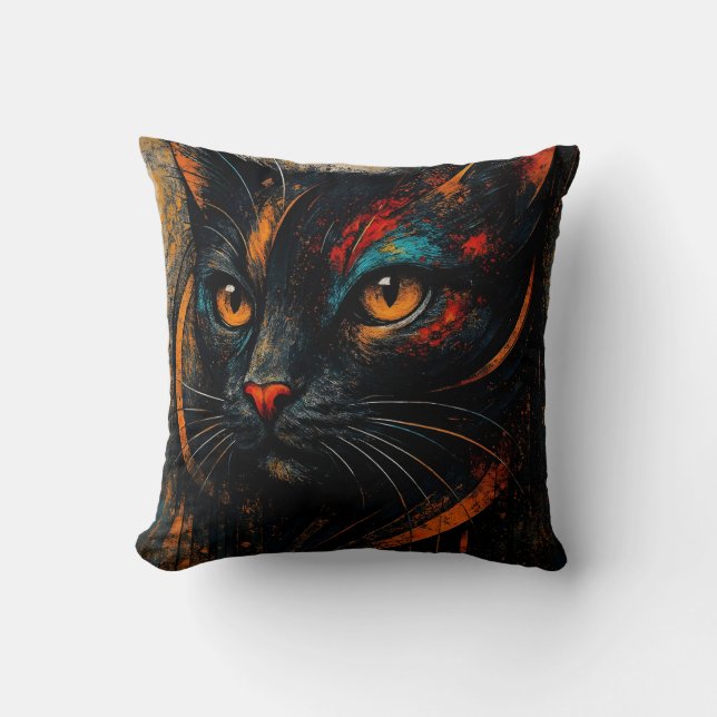 Modern Colorful Black Cat Art Cushion (Front)