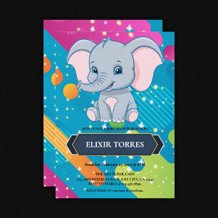 Modern Colorful Blue Elephant Baby Shower Invitation