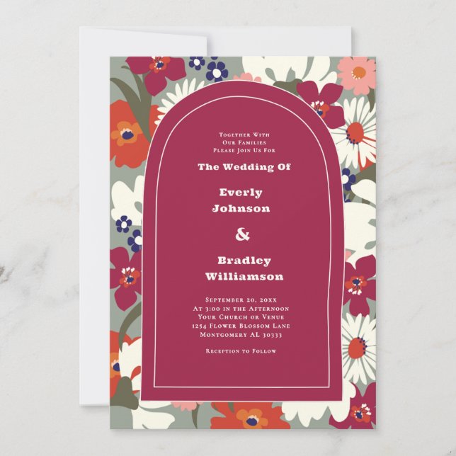 Modern Colorful Floral Boho Chic Retro Wedding Invitation (Front)