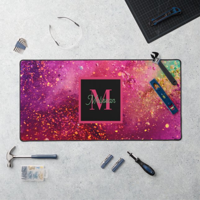 Modern Colorful Glitter Monogram Name  Desk Mat (Workstation)