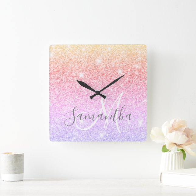 Modern Colorful Glitter Sparkles Personalized Name Square Wall Clock (Home)