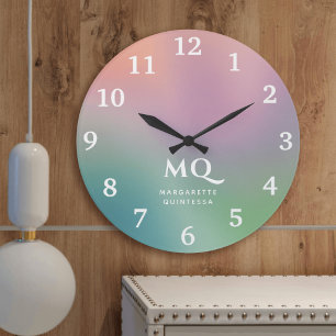 Modern Colorful Pastel and White Monogram Initials Round Clock