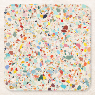 Modern Colorful Pastel Terrazzo Pattern Square Paper Coaster