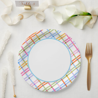 Modern Colorful Plaid Baby Shower Theme Blue Paper Plate