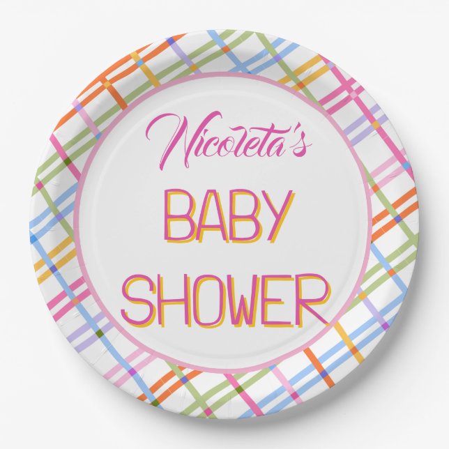 Modern Colorful Plaid Baby Shower Theme Paper Plate (Front)