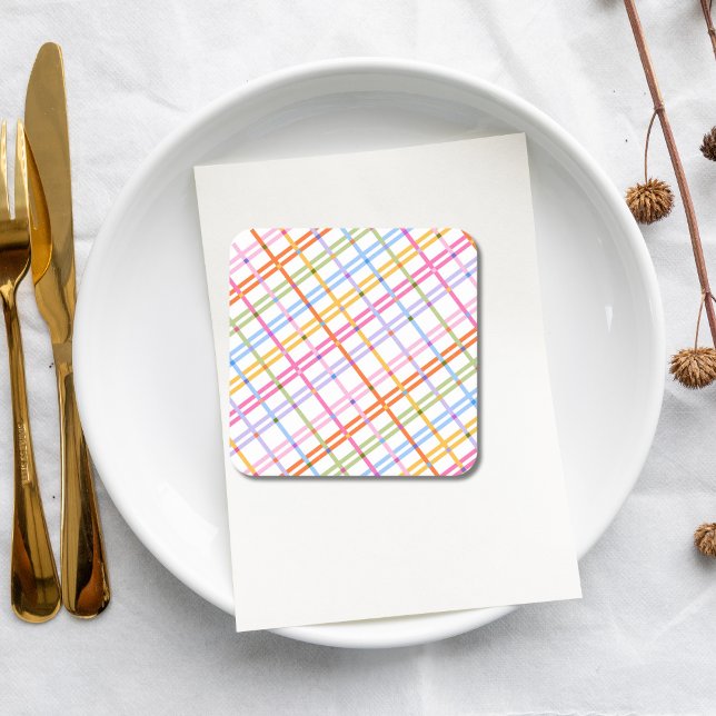 Modern Colorful Plaid Baby Shower Theme Square Paper Coaster (Creator Uploaded)
