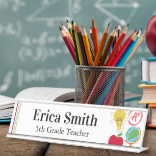 Modern Colorful School Supplies Teacher Desk Name Plate