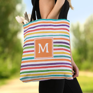 Modern colorful stripes summer monogram tote bag