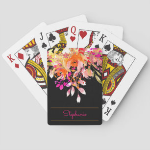 Modern Colorful Watercolor Floral + Name Template Playing Cards
