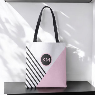 Modern Colour Block and Stripes with Monogram Tote Bag