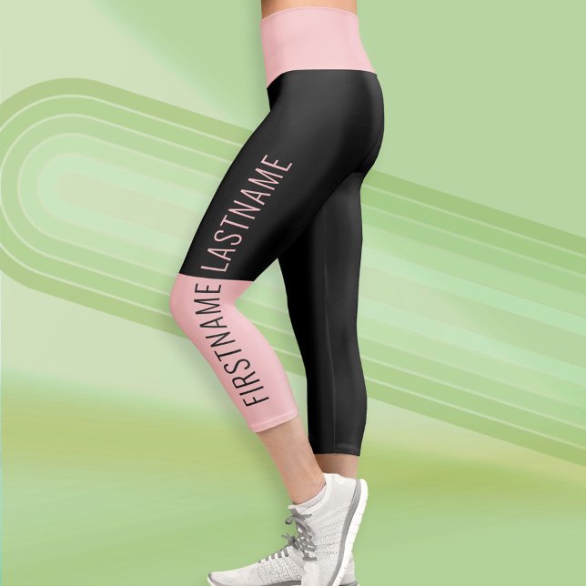 Modern Colour Block Black Blush with Custom Text Capri Leggings (Custom Leggings)