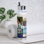 Modern Colour block Family Photo Collage Water Bot Water Bottle<br><div class="desc">This custom photo collage water bottle features stylish colour blocks and typography with a gold & navy blue colour theme. Replace these 4 photos with yours and personalize the text with your family name and initials. More designs available at my shop BaraBomDesign.</div>