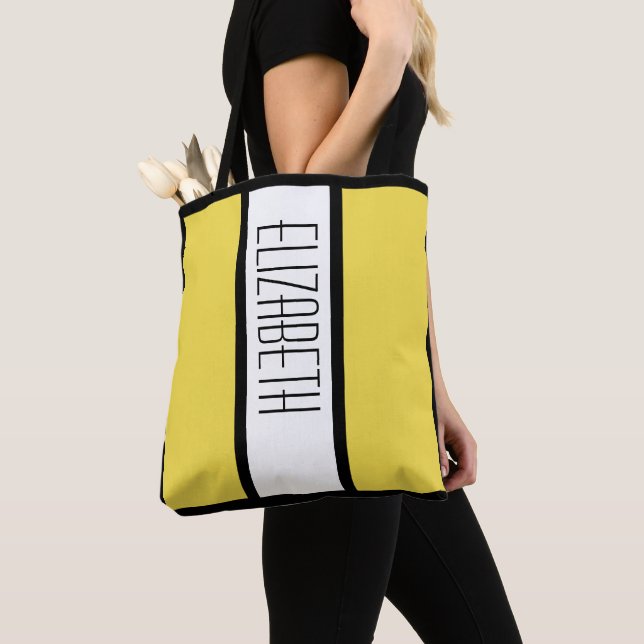 Modern Colour Block Personalized Name Yellow Tote Bag (Close Up)